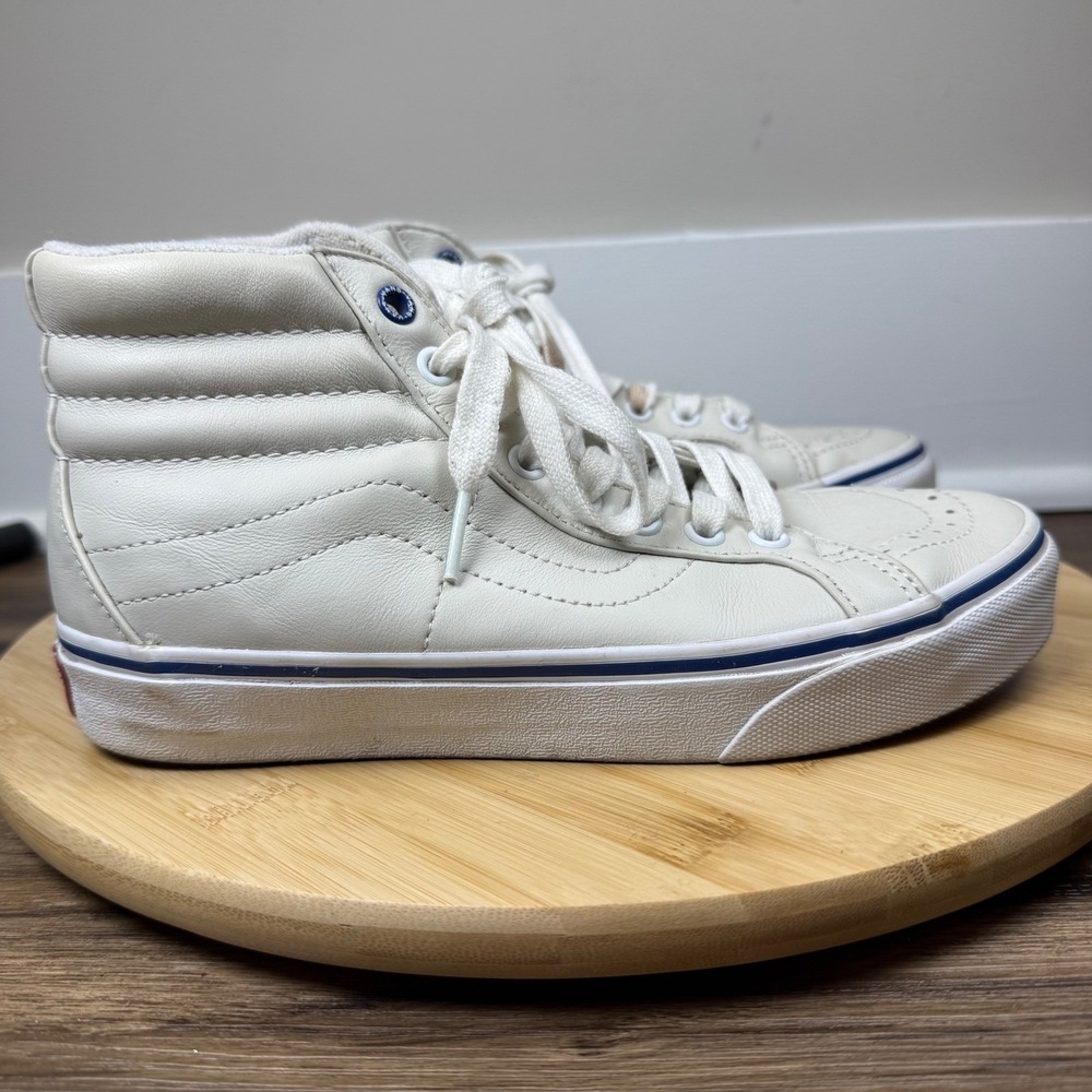Vans Sk8-Hi Sneakers Women 7 Men 5.5 Off-White Leather High Top Blue Trim Skater